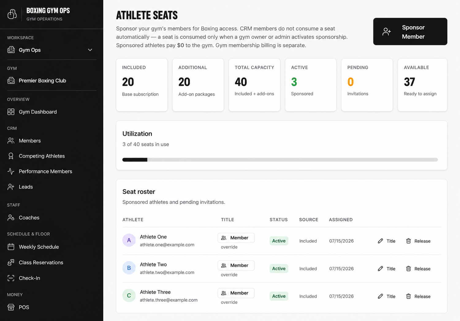 Athlete seat management with sponsorship, utilization, and roster