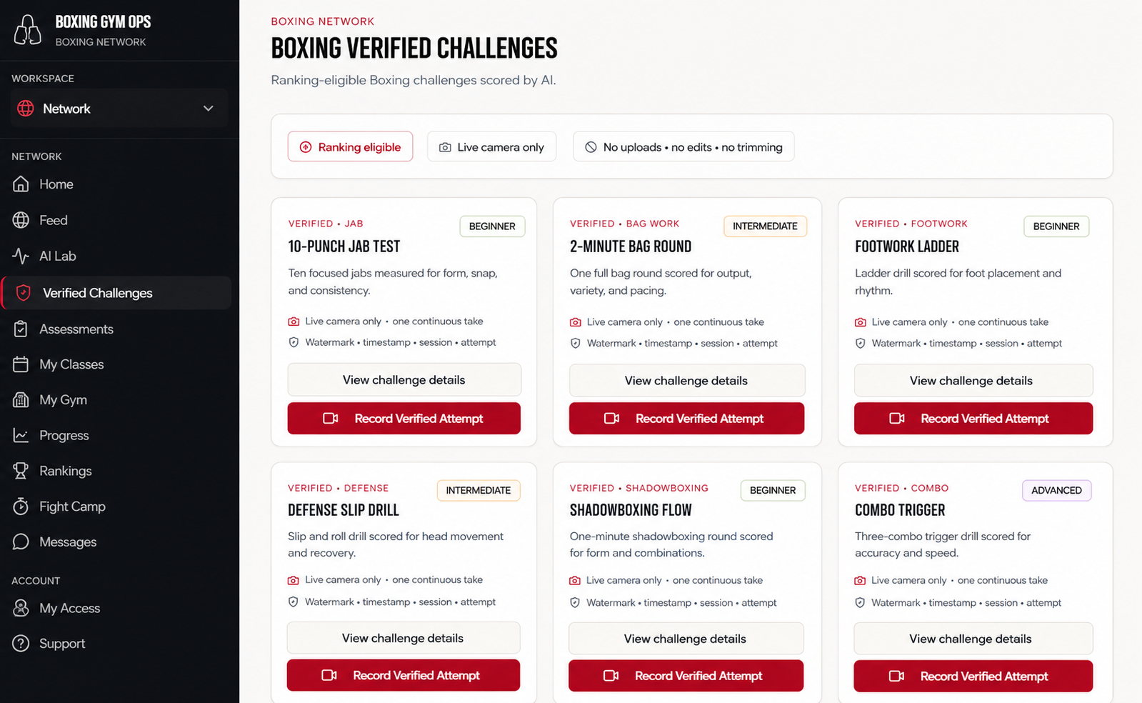 Verified challenges grid with ranking-eligible drills