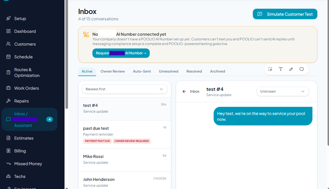 AI-assisted customer communications inbox with owner review states