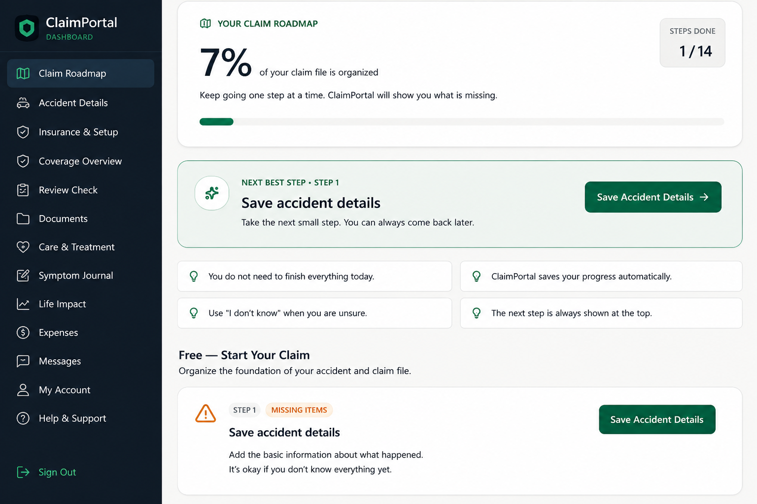 Guided claim roadmap with step-by-step progress and next actions