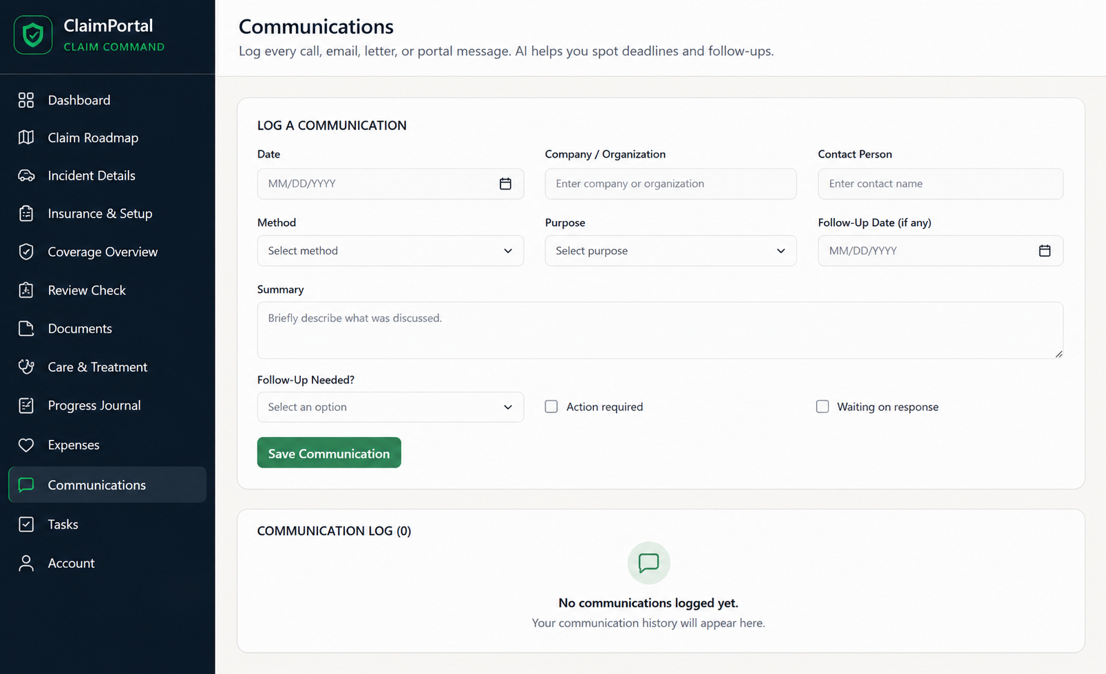 Communications log with method, purpose, and follow-up deadlines