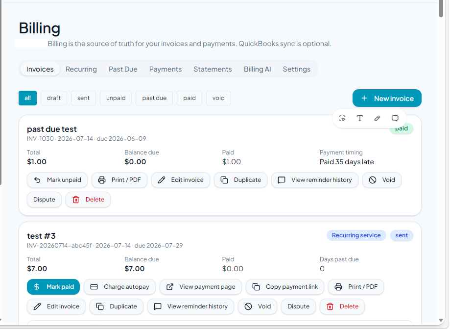 Billing view with invoices, payments, past-due, and recurring service