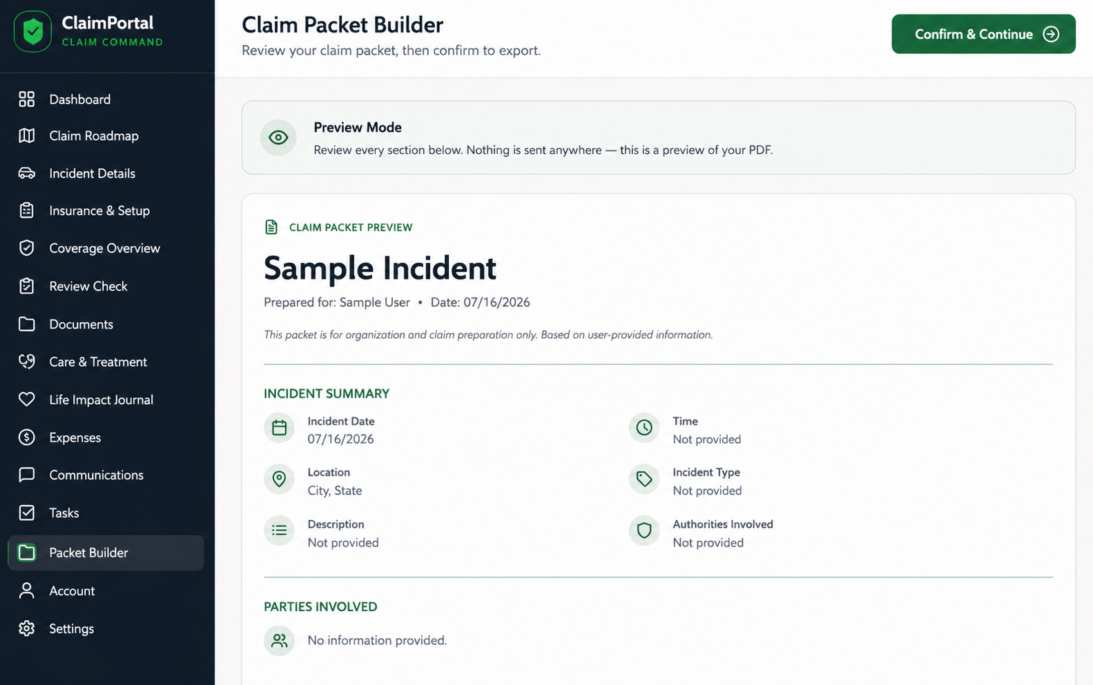 Packet builder preview with structured incident summary export