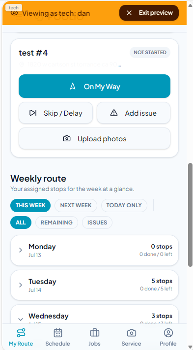 Mobile field-technician workflow with route, jobs, and status controls