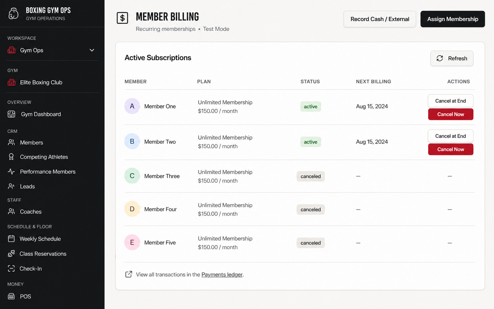 Member billing with recurring memberships and subscription actions