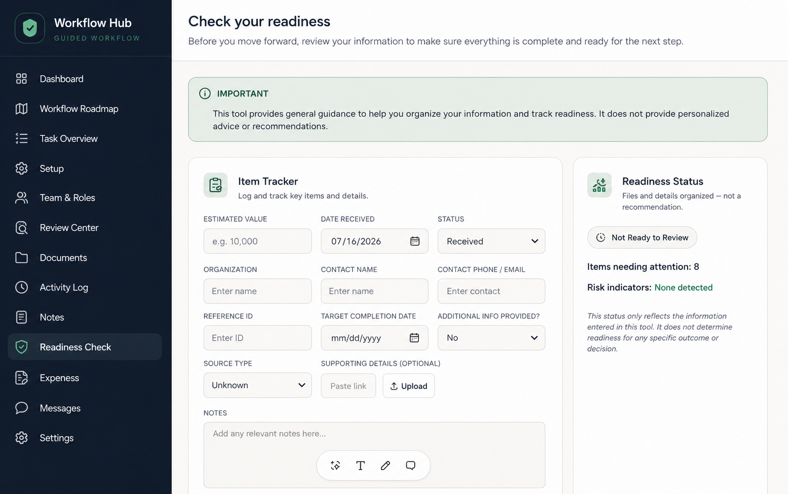 Readiness check with item tracker and readiness status indicators