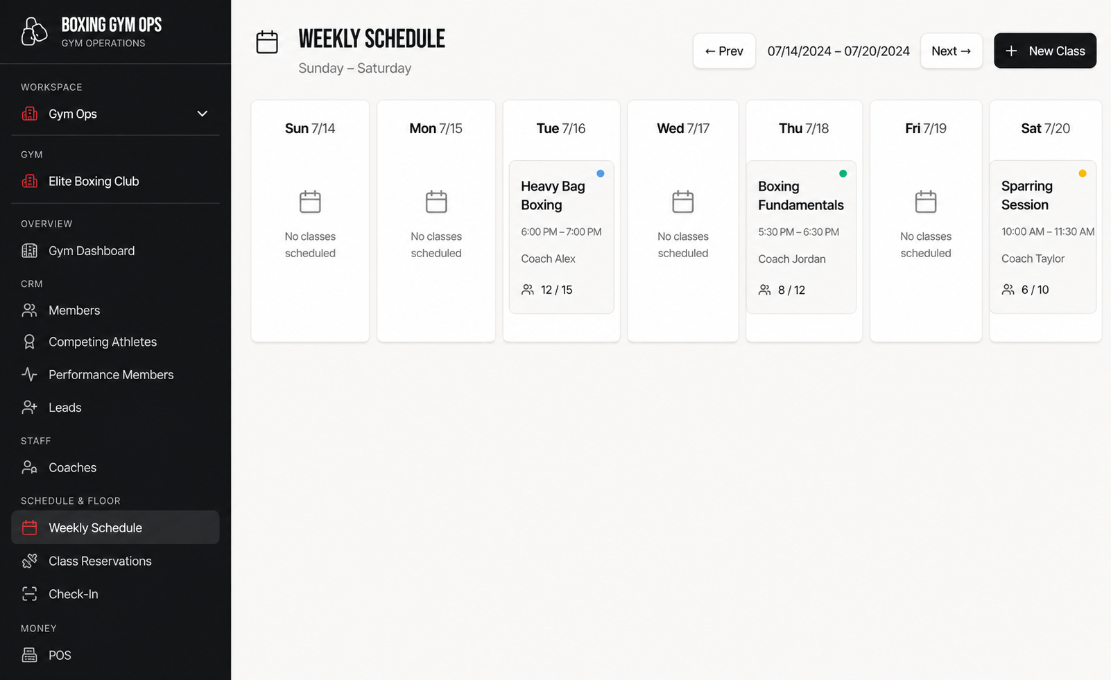Weekly class schedule with coach-led sessions and capacity