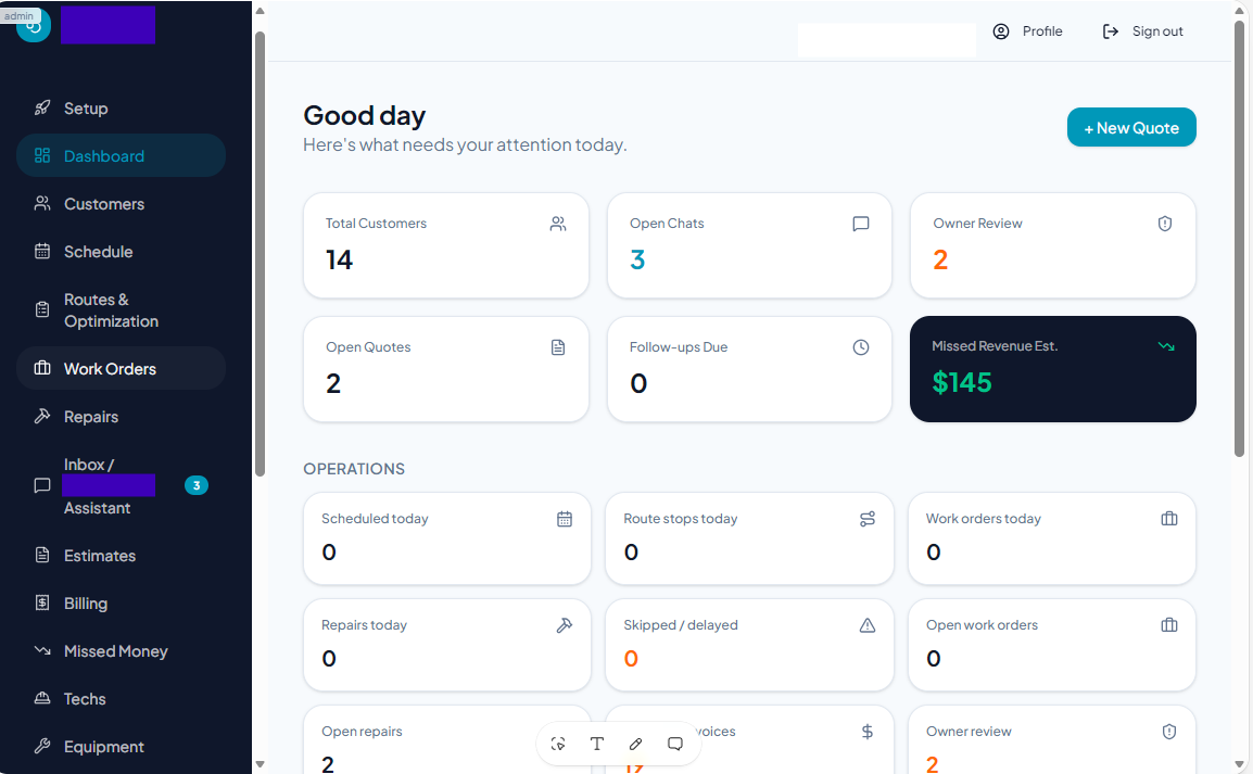 Business owner dashboard with operations, revenue, and review metrics